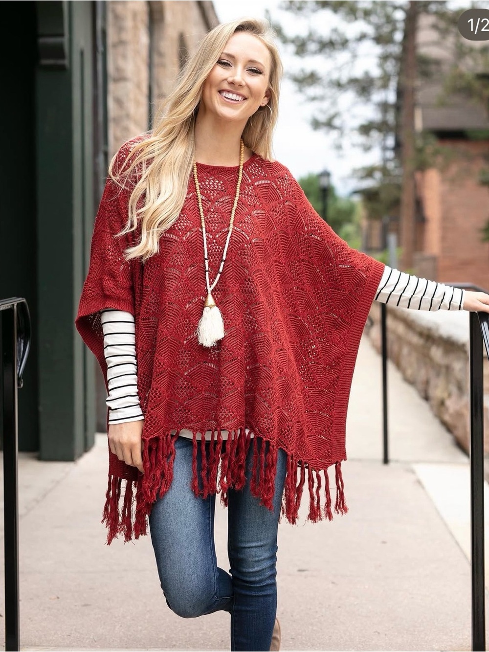 G&L Burgundy Knit Poncho with Fringe